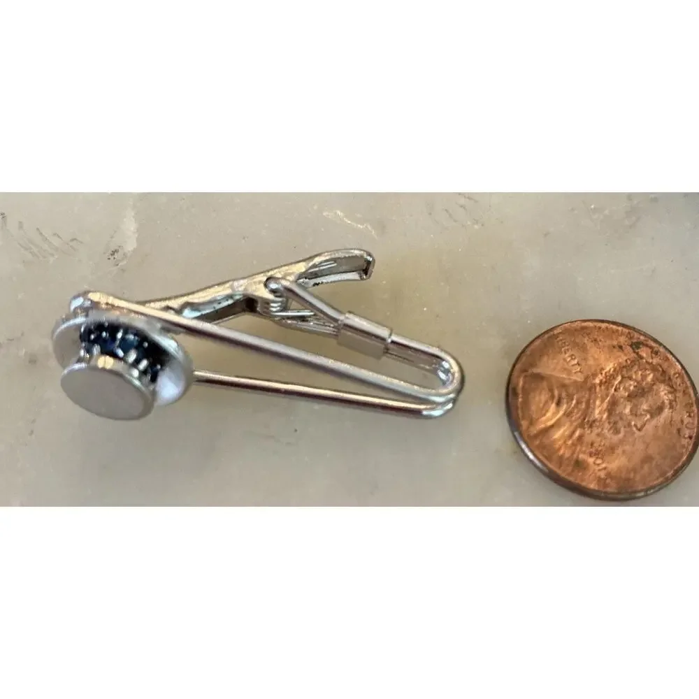 Vintage Pioneer CZ Sapphire Color Silver Toned Tie Clip L2